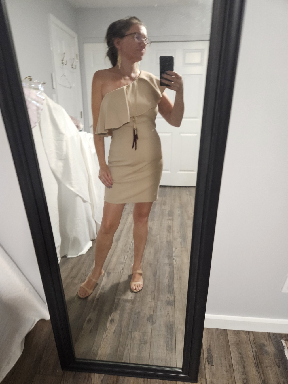 Emerald Sundae One-Shoulder Ruffle Dress in Beige